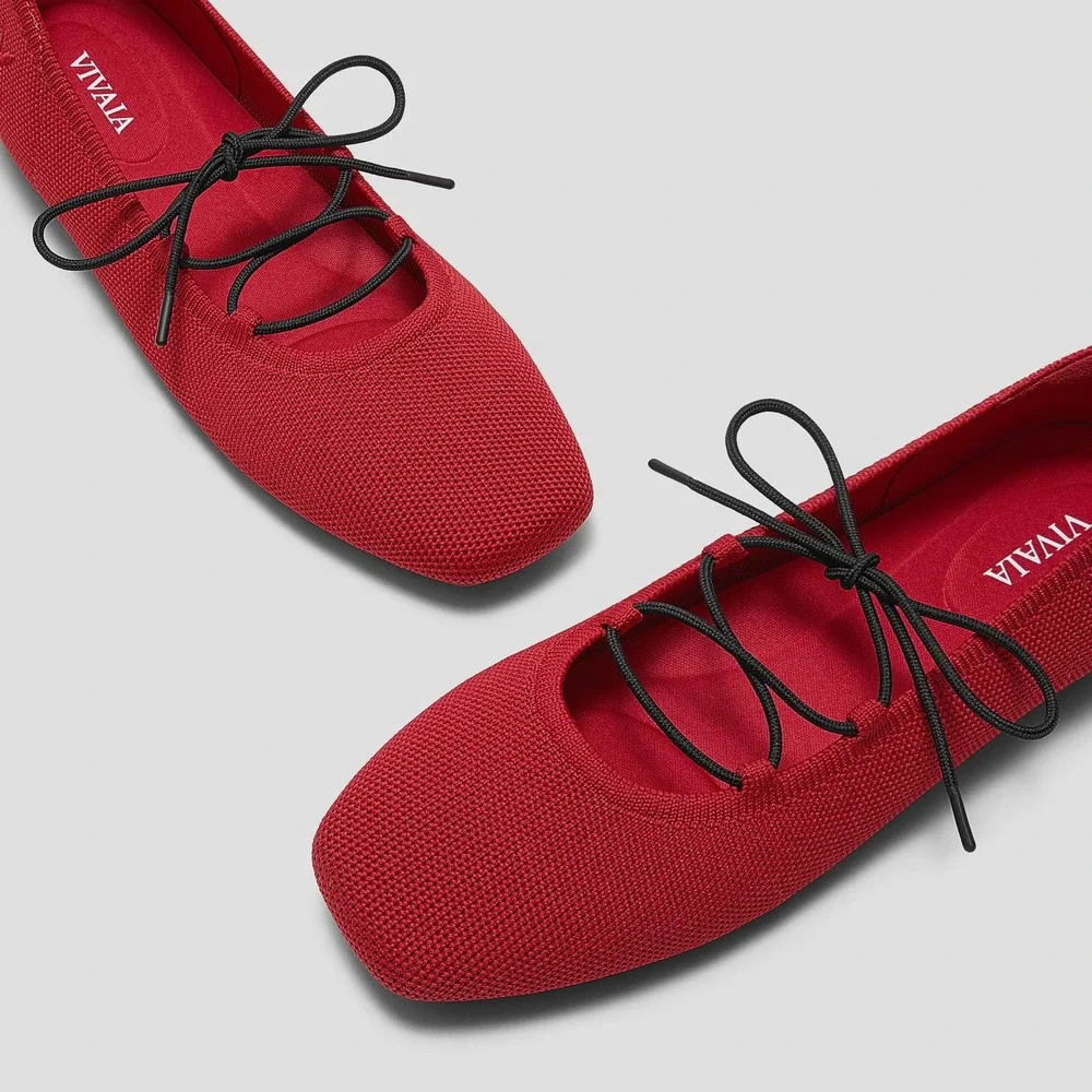 NEW Vivaia Ruby Red Square-Toe Lace Up Mary Janes Miley Flats Knit Size 39