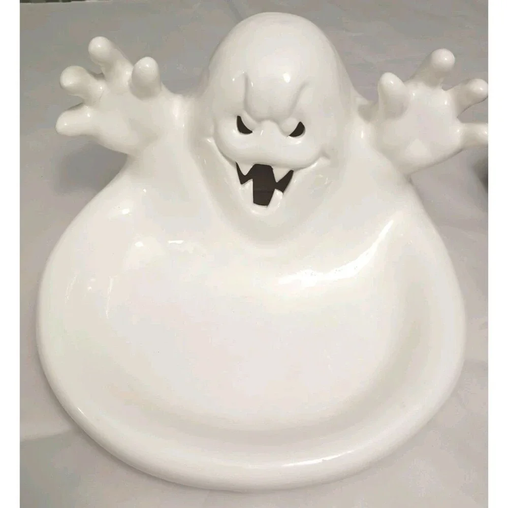 Vintage Lighted Halloween Ghost Ceramic Candy Bowl Dish