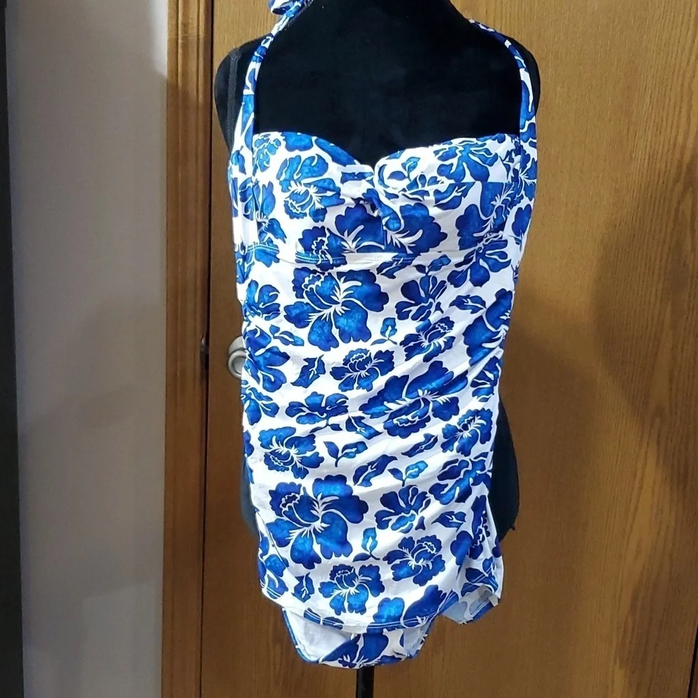 Lauren Ralph Lauren blue floral one piece with skirt swimsuit