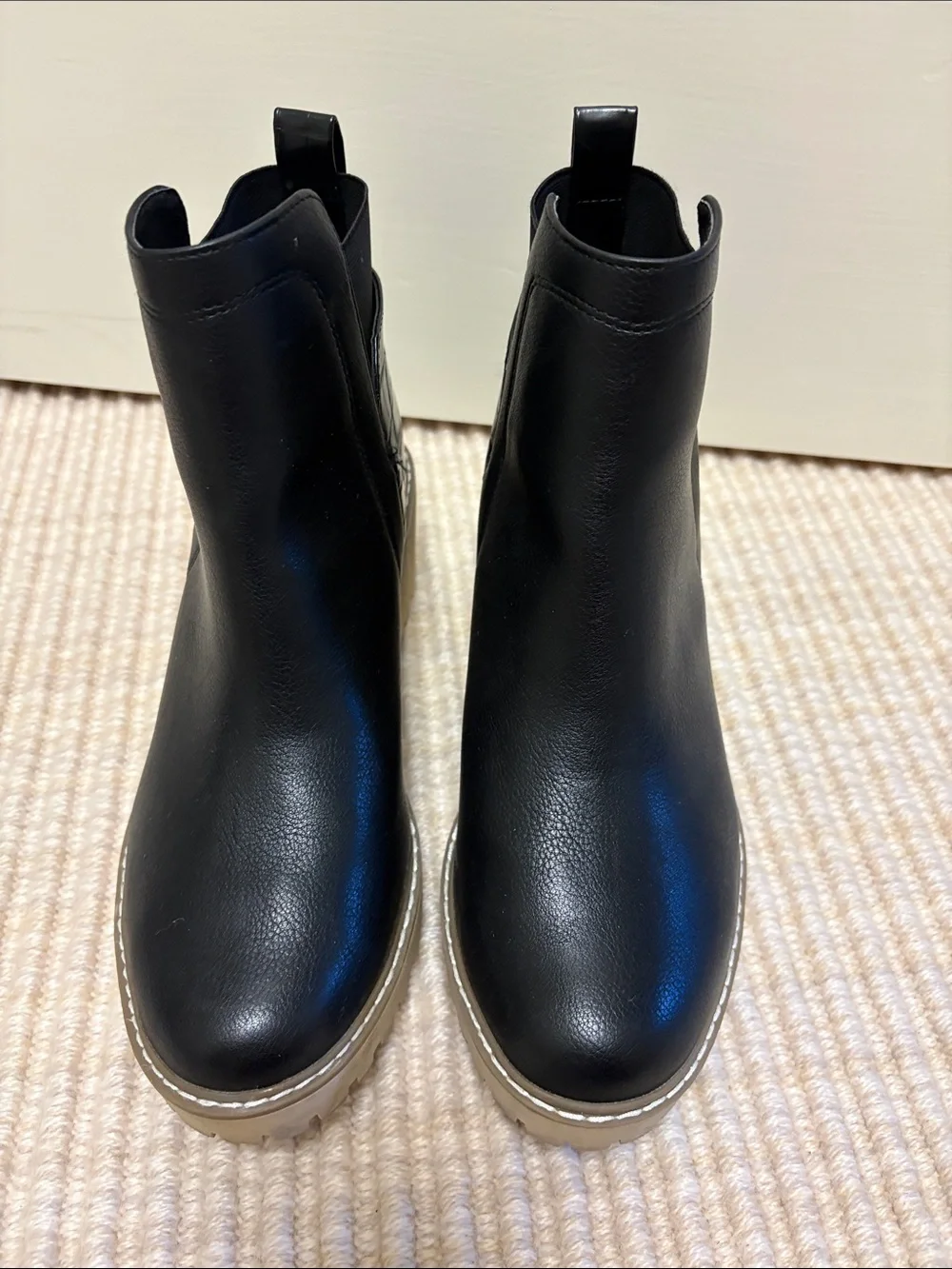 Dolce Vita Black Leather Wedge Chelsea Booties with Tan Lug Sole