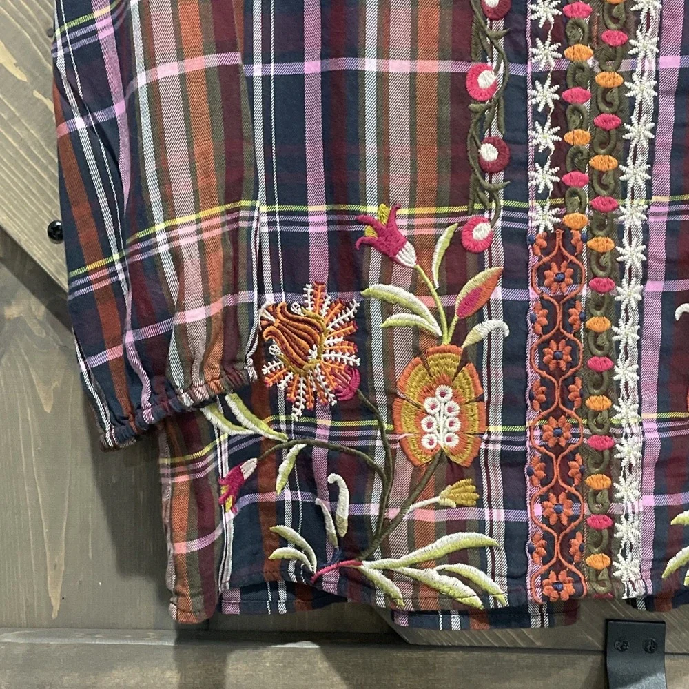 Johnny Was Top Rosalva Paris Blouse Plaid Embroidered Workshop Boho Women's XS