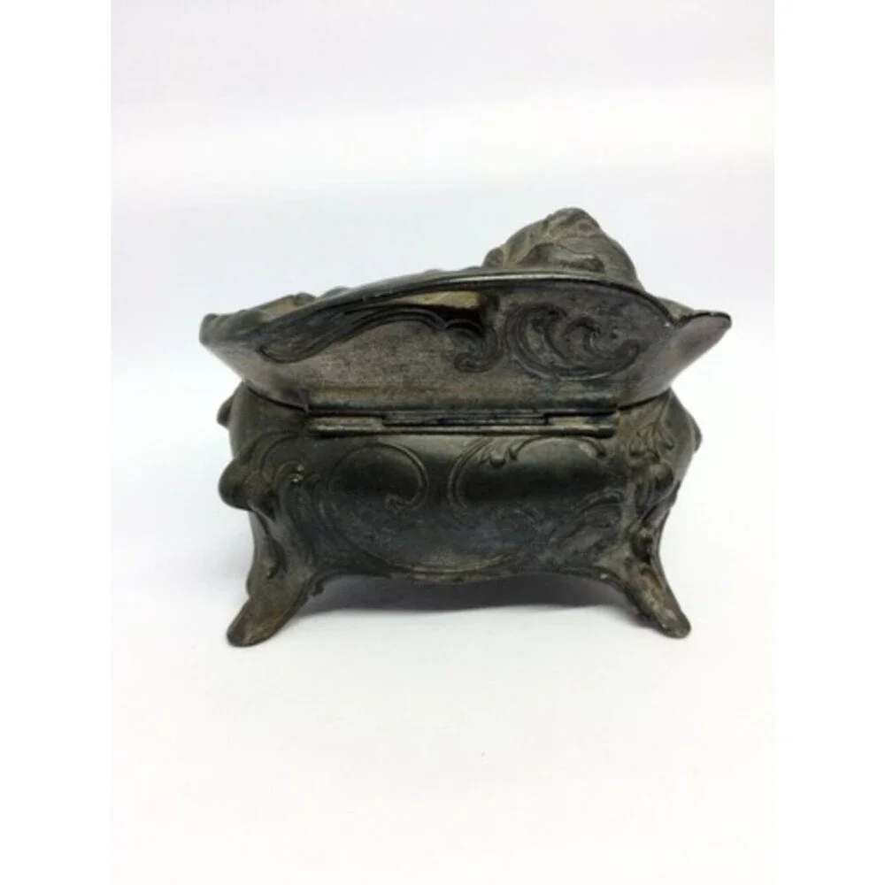 VINTAGE ART NOUVEAU Jewelry Box Trinket Casket Rose Repousse Metal Footed As Is