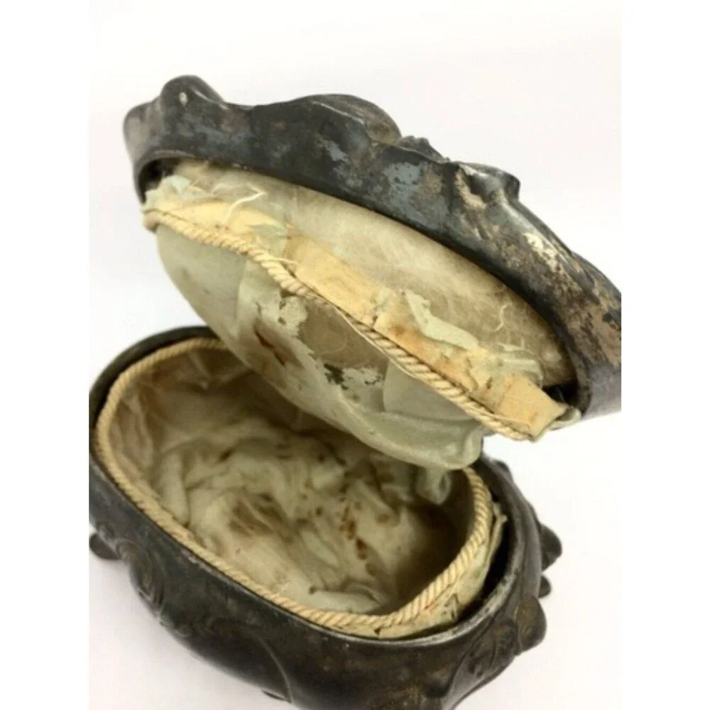 VINTAGE ART NOUVEAU Jewelry Box Trinket Casket Rose Repousse Metal Footed As Is