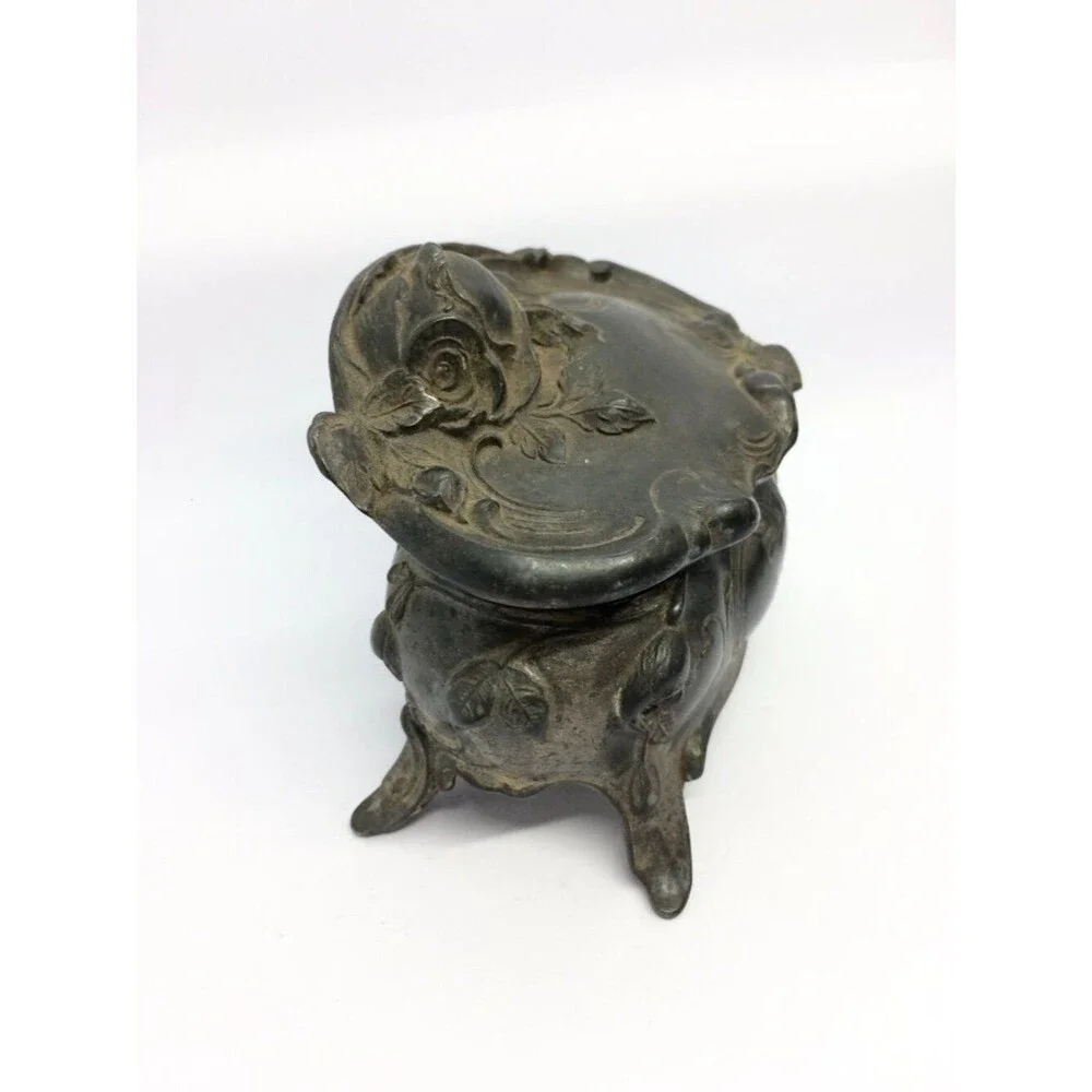 VINTAGE ART NOUVEAU Jewelry Box Trinket Casket Rose Repousse Metal Footed As Is