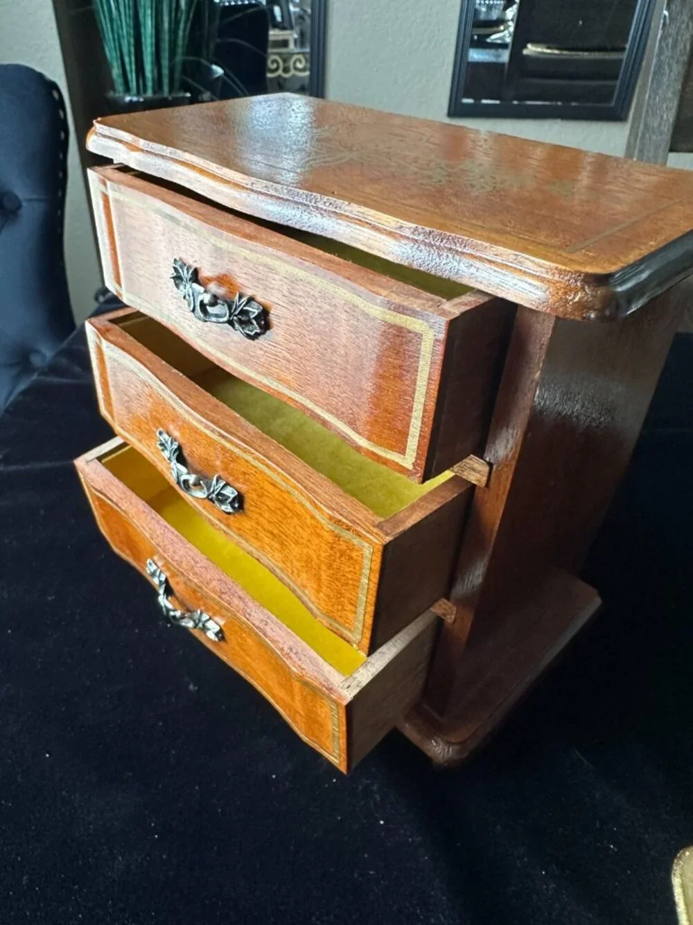 Vintage French Provincial Wood Musical Jewelry Chest Wood 3 Drawer Keepsake Box