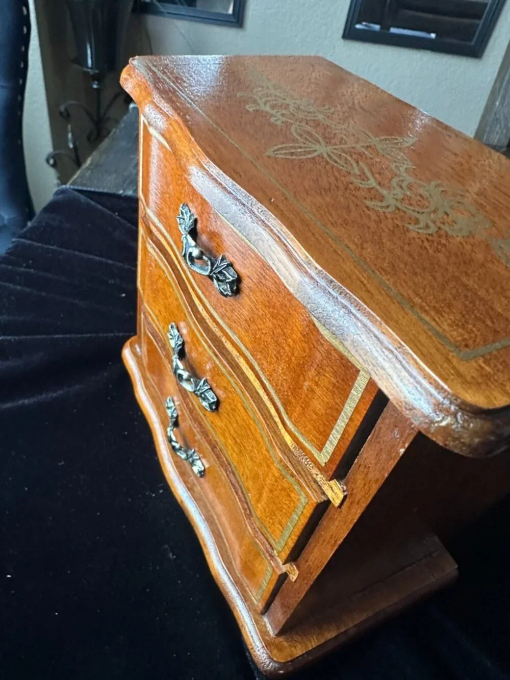 Vintage French Provincial Wood Musical Jewelry Chest Wood 3 Drawer Keepsake Box