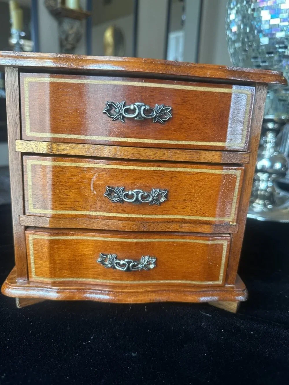 Vintage French Provincial Wood Musical Jewelry Chest Wood 3 Drawer Keepsake Box