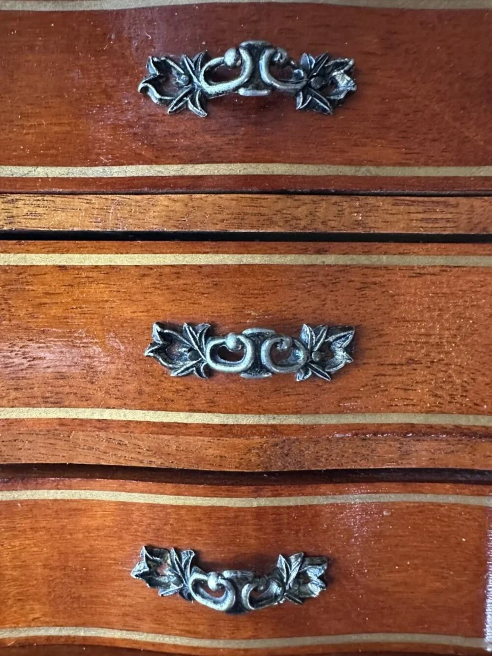 Vintage French Provincial Wood Musical Jewelry Chest Wood 3 Drawer Keepsake Box