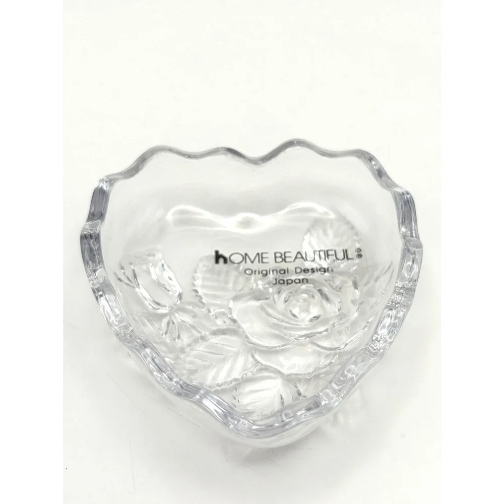 Vintage Home Beautiful Clear Crystal Heart Trinket Box Lidded Rose Japan