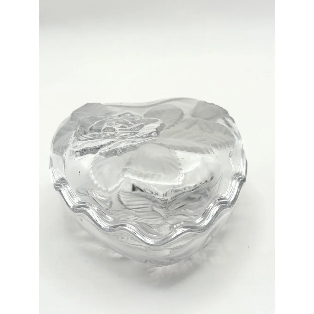 Vintage Home Beautiful Clear Crystal Heart Trinket Box Lidded Rose Japan