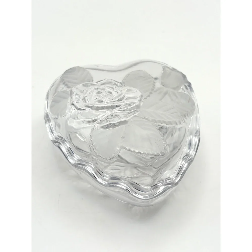 Vintage Home Beautiful Clear Crystal Heart Trinket Box Lidded Rose Japan