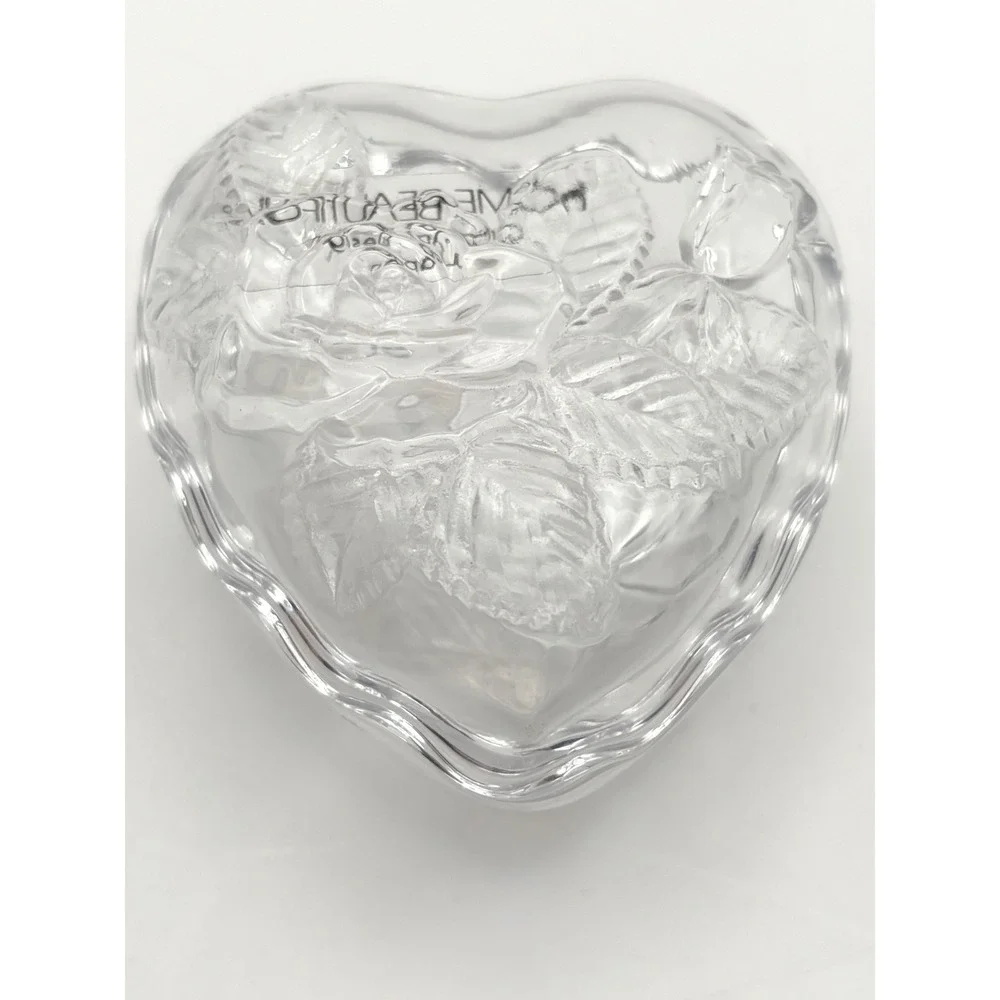 Vintage Home Beautiful Clear Crystal Heart Trinket Box Lidded Rose Japan