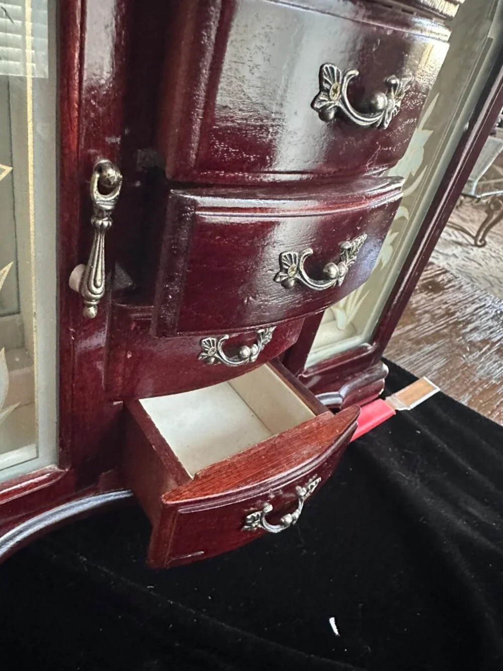 Vintage Cherry Wood Jewelry Armoire French Provincial Etched Mirrored Chest