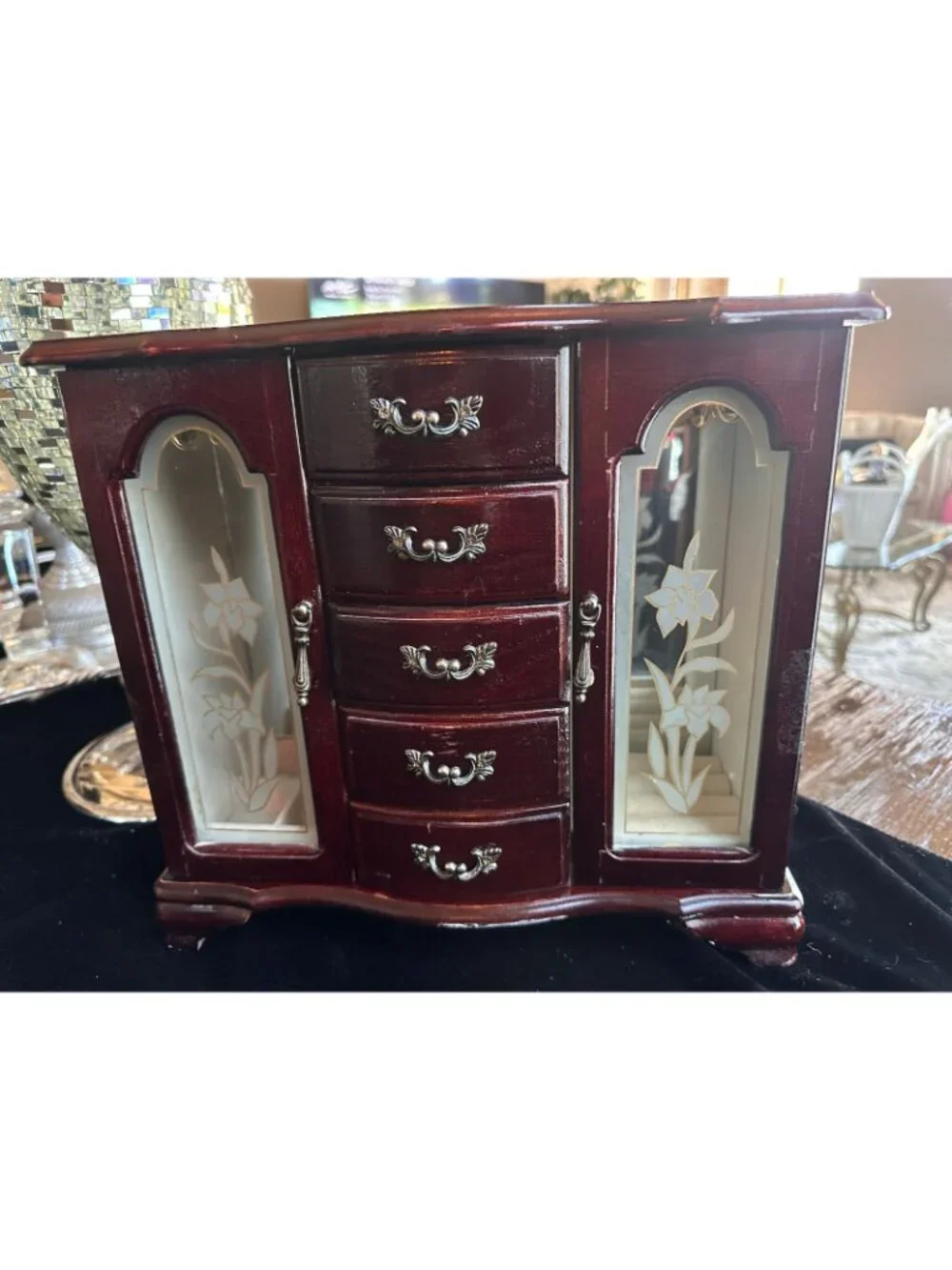 Vintage Cherry Wood Jewelry Armoire French Provincial Etched Mirrored Chest