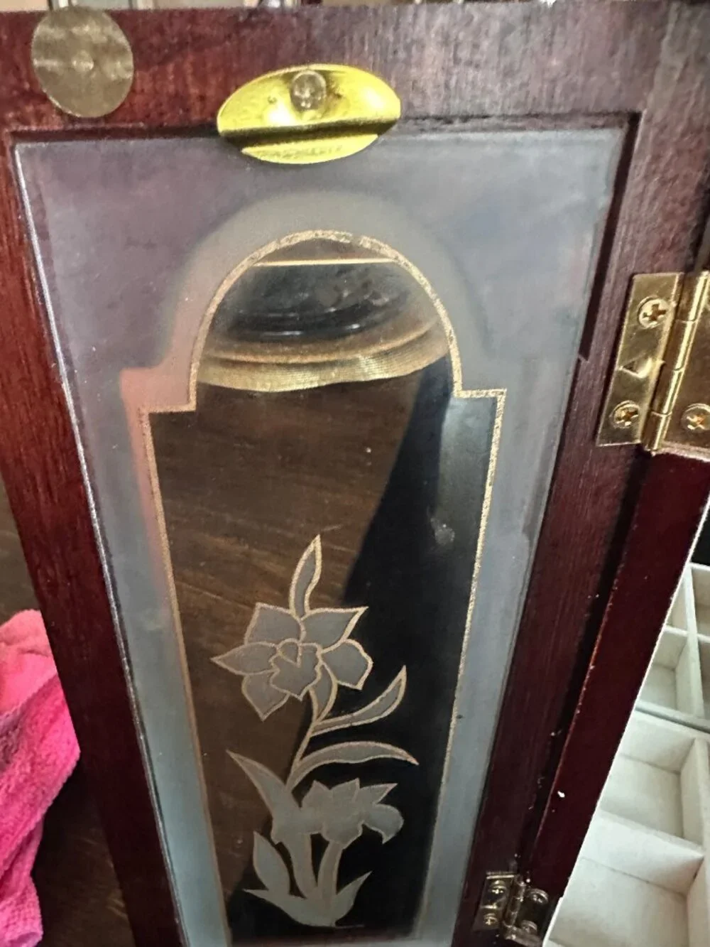 Vintage Cherry Wood Jewelry Armoire French Provincial Etched Mirrored Chest