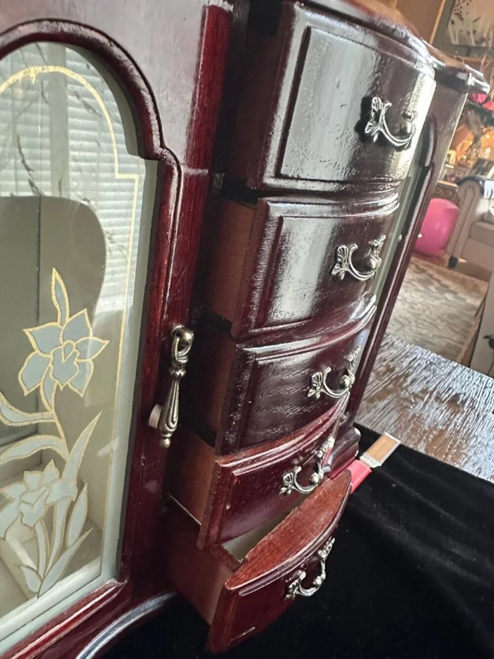 Vintage Cherry Wood Jewelry Armoire French Provincial Etched Mirrored Chest