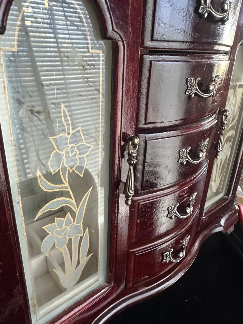 Vintage Cherry Wood Jewelry Armoire French Provincial Etched Mirrored Chest