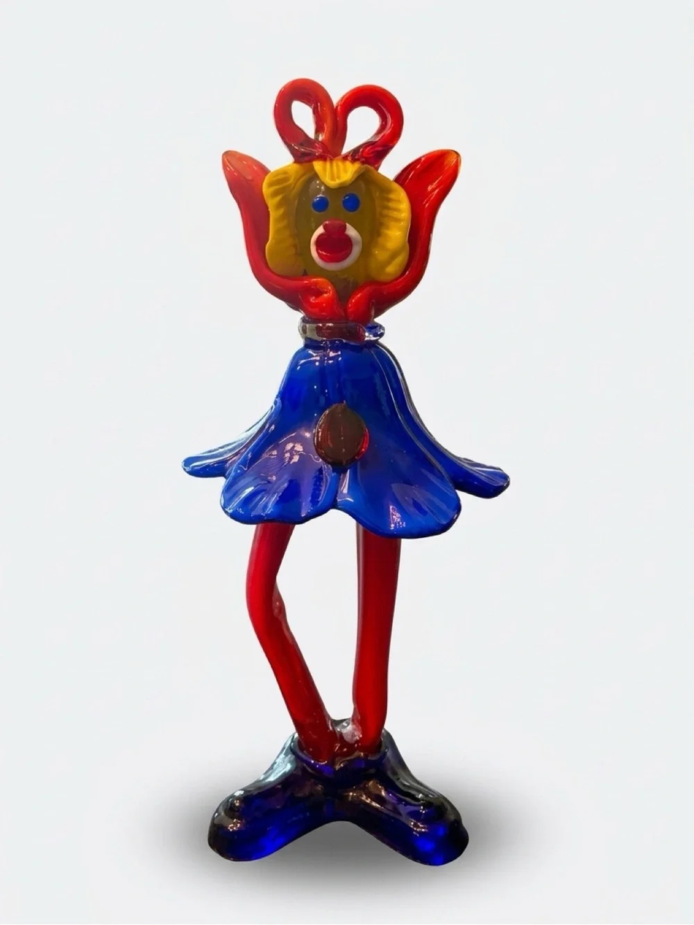 Colorful Clown Handblown Glass Figurine - Blue & Red Decorative Accent
