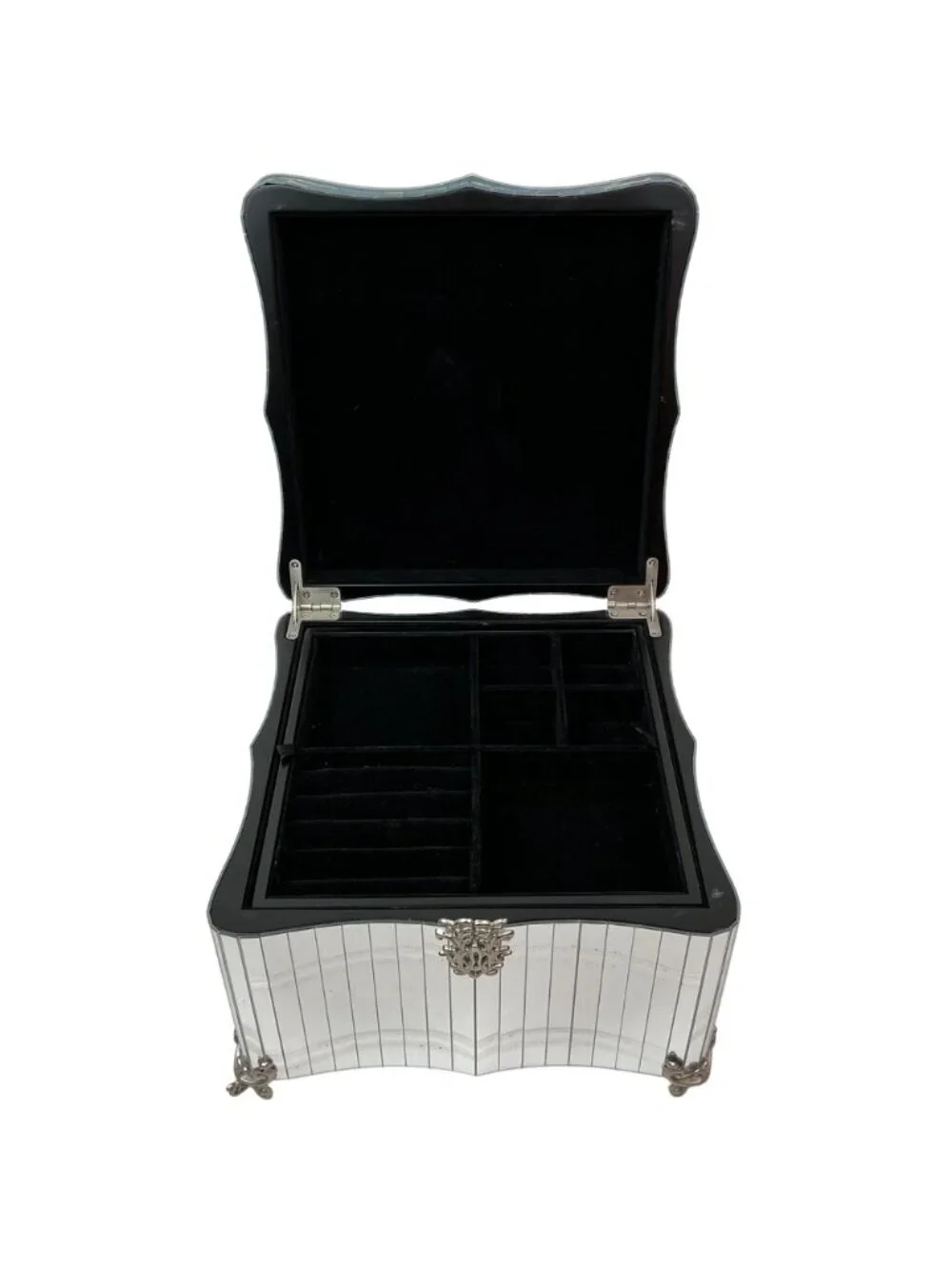 Bombay Mirrored Jewelry Box Hinged Lid Velvet Lining & Compartments Silver Black