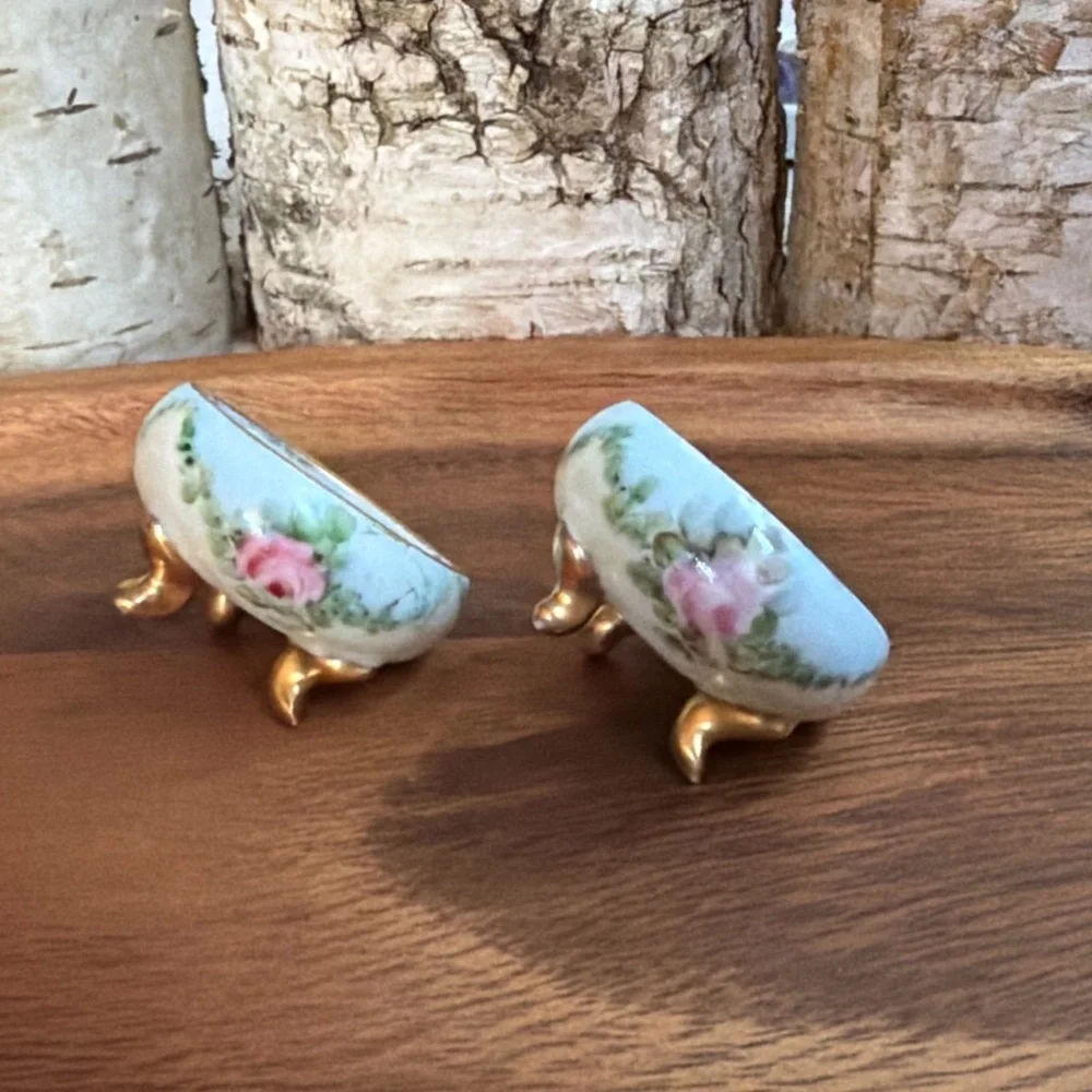 Vintage Trinket Dish Pair Bavaria Porcelain Salt Cellars Floral Gold Feet Rose