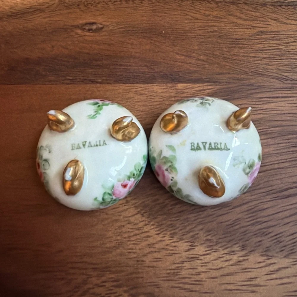 Vintage Trinket Dish Pair Bavaria Porcelain Salt Cellars Floral Gold Feet Rose