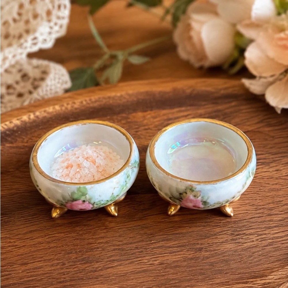 Vintage Trinket Dish Pair Bavaria Porcelain Salt Cellars Floral Gold Feet Rose