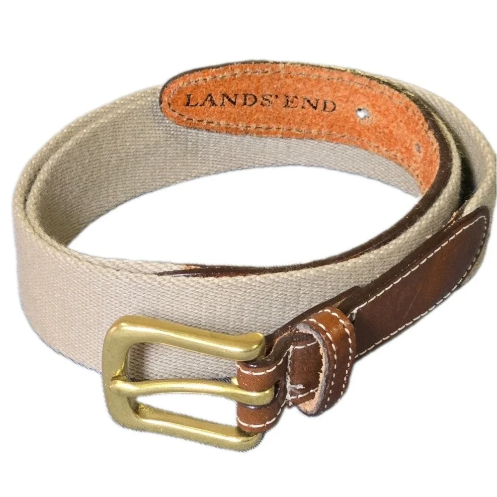 Vtg Lands End Men 32 Woven Cotton Web Leather Belt Brass Buckle Ivy Preppy USA