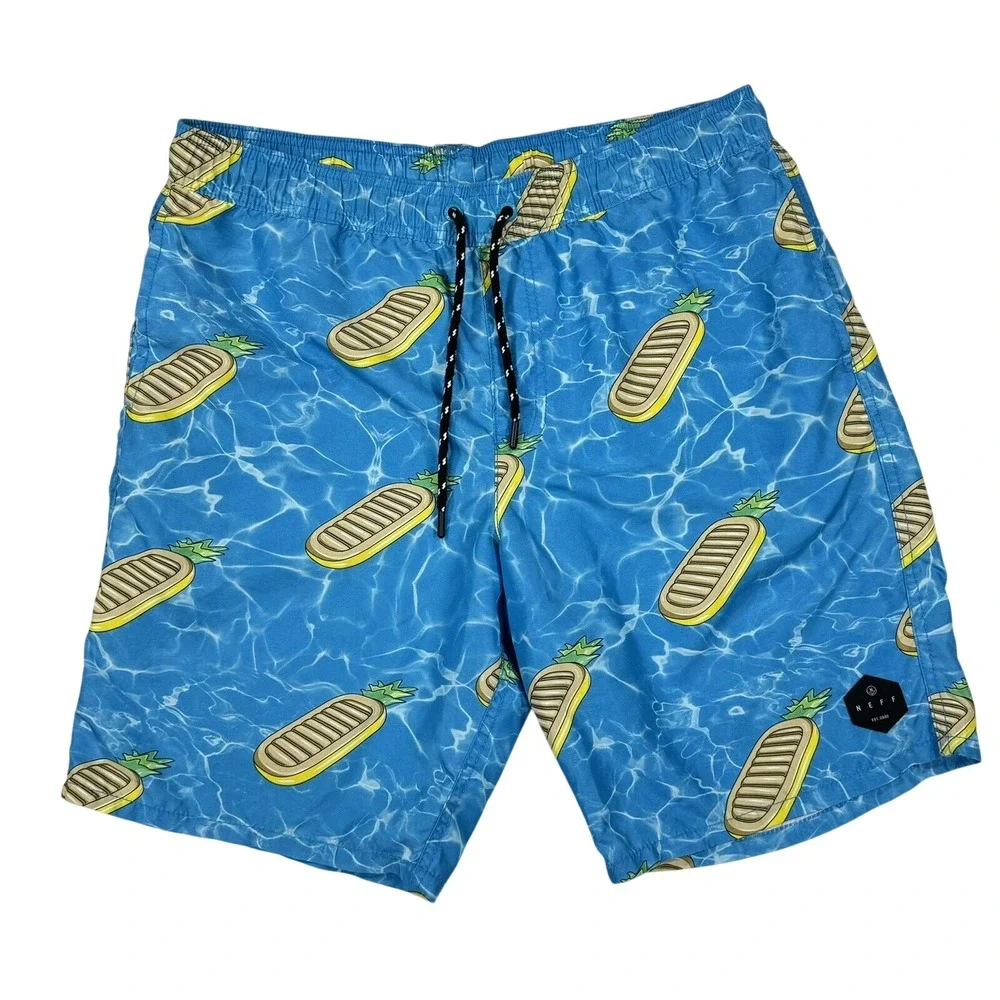 Neff‎ Swim Trunks Men M Blue Pineapple Pool Float Print Board Shorts Beach Surf