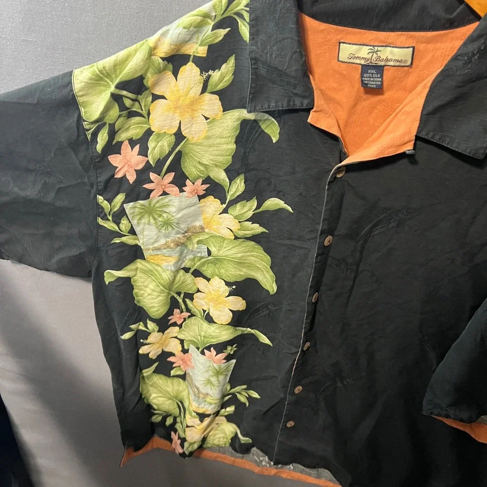 Tommy Bahama Mens XXL Black Silk Floral Swordfish Jacquard Camp Shirt 26x33