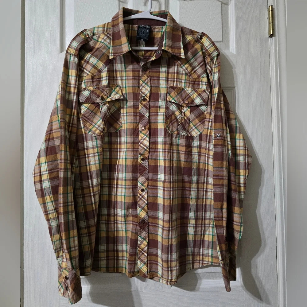 Y2K Green Oak Pearl Snap Brown & Green Plaid Long Sleeve Western Shirt, XL.