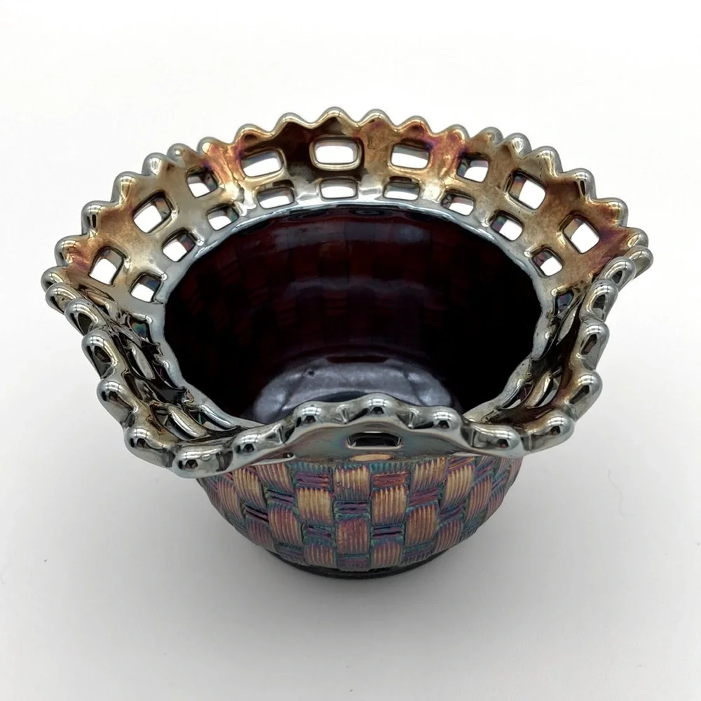 Vintage Fenton Iridescent Basket Weave Bowl