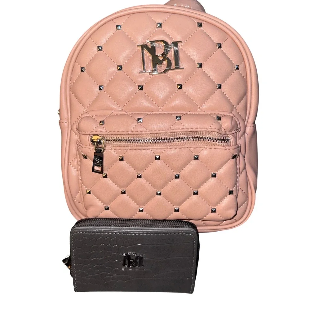 Badgley‎ Mischka Quilted Studded Mini Backpack and Croc Wallet Set Pink Grey NEW