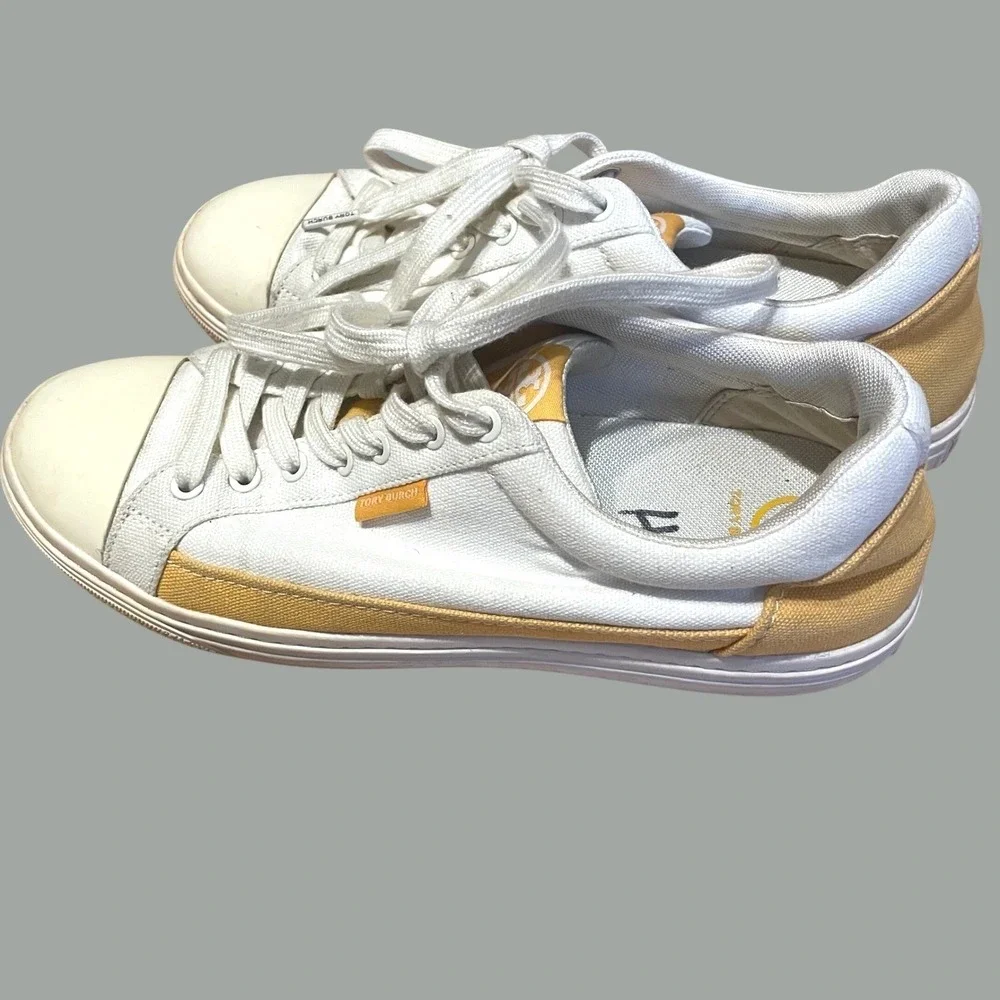Tory Burch Classic‎ Court Canvas Sneaker 9.5 womens Ivory White Canvas Yellow