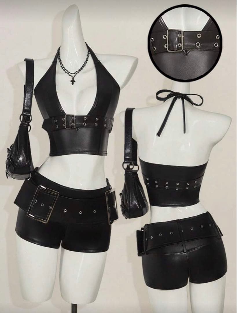 Leather Mini Skirt & Metallic Waist Belt 2-Piece Set for Women